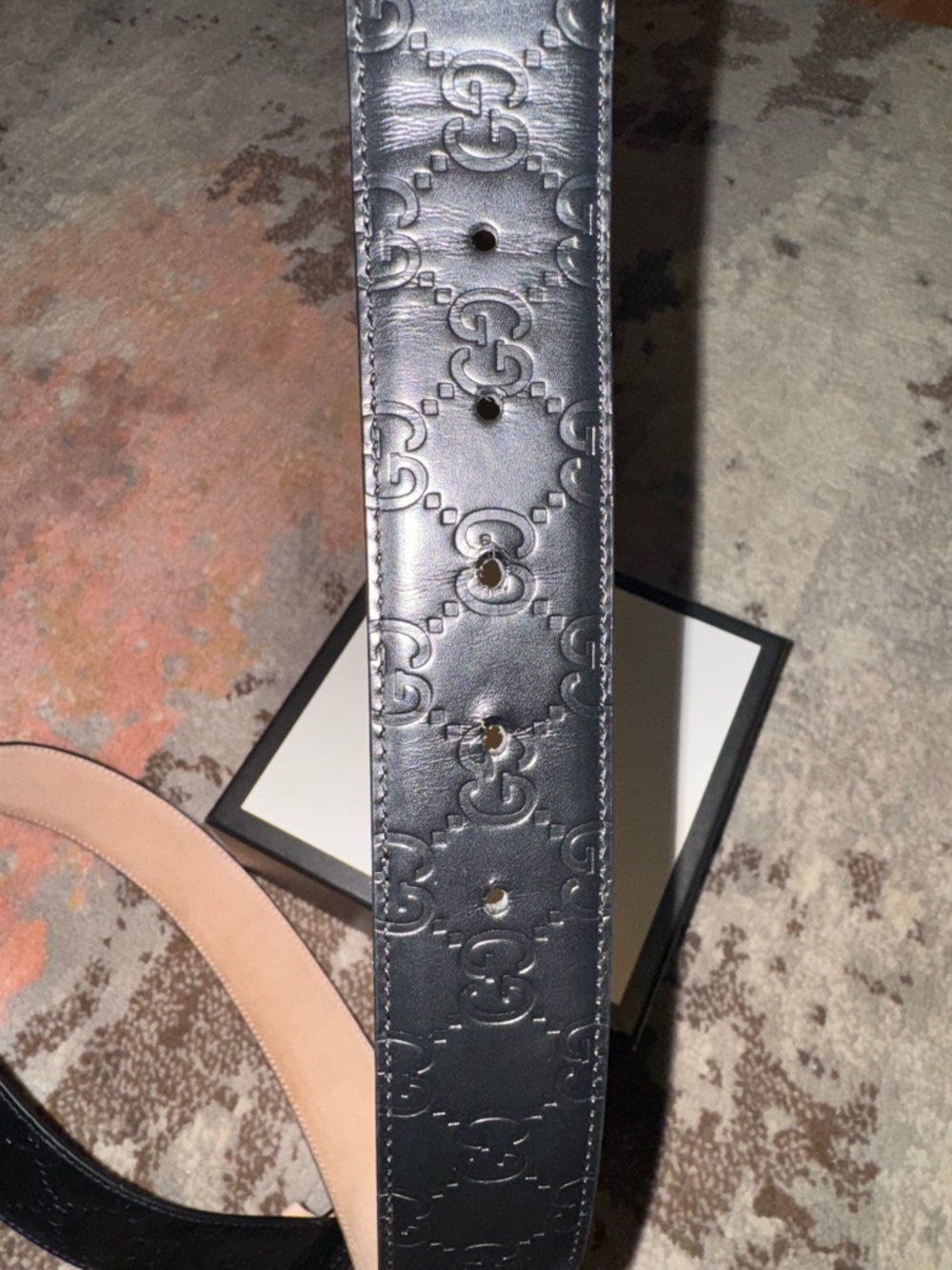 Gucci Black Embossed Interlocking G Leather Belt with Neutral Lining